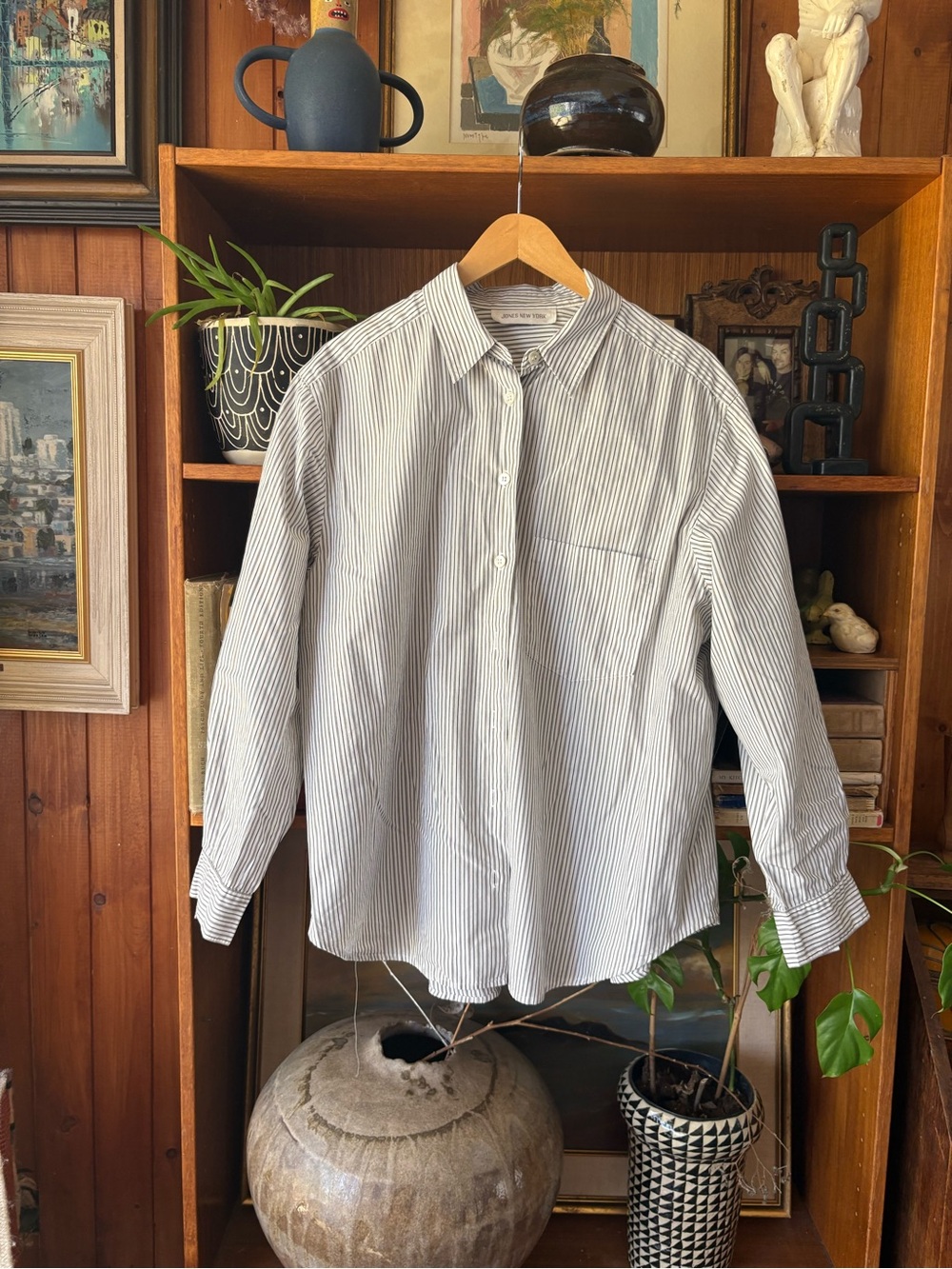 Jones New York Oversized Stripe Cotton Button Up OS